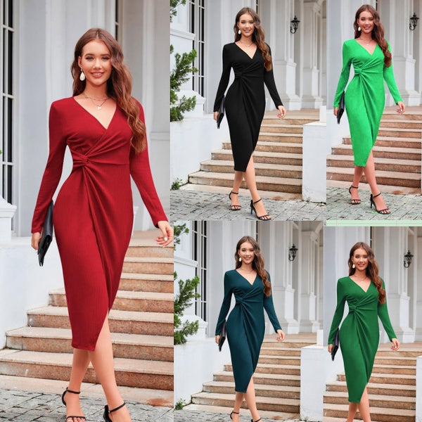 Solid Color V-neck Long Sleeve Dress