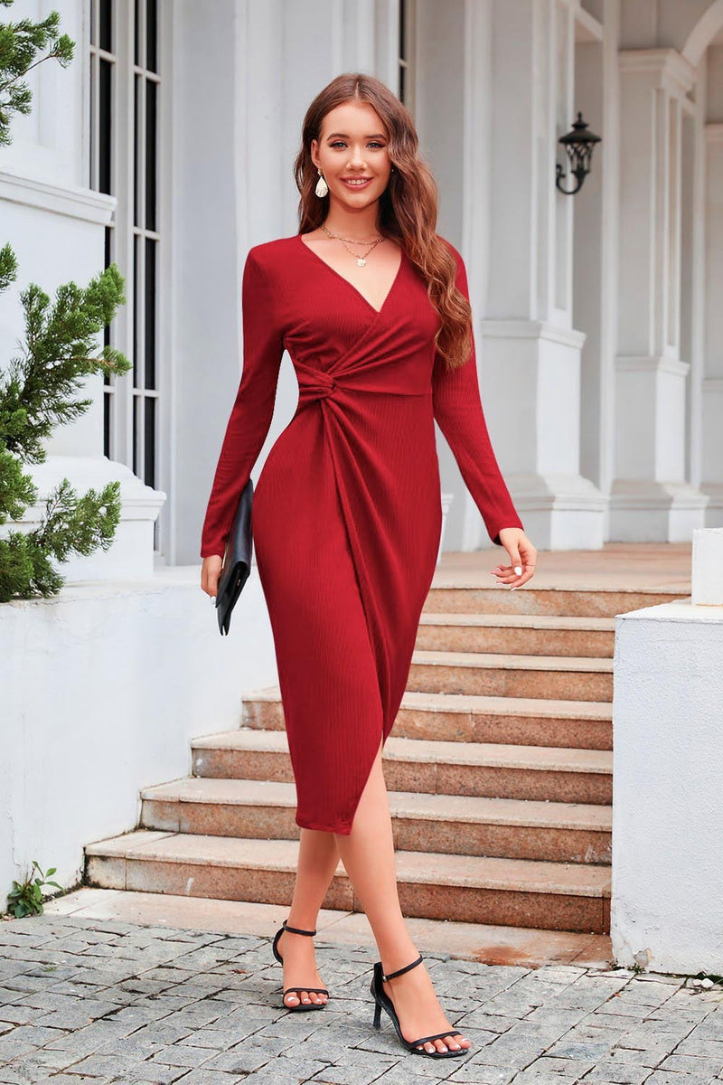 Solid Color V-neck Long Sleeve Dress