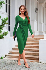 Solid Color V-neck Long Sleeve Dress