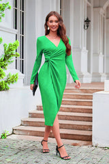 Solid Color V-neck Long Sleeve Dress